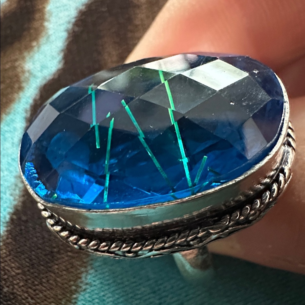 Artisan Blue TOPAZ RING Oval Cabochon in Silver-Tone Setting 234